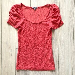 Charlotte Russe Ruched Sleeve Lace Top in Bright Orange Size S